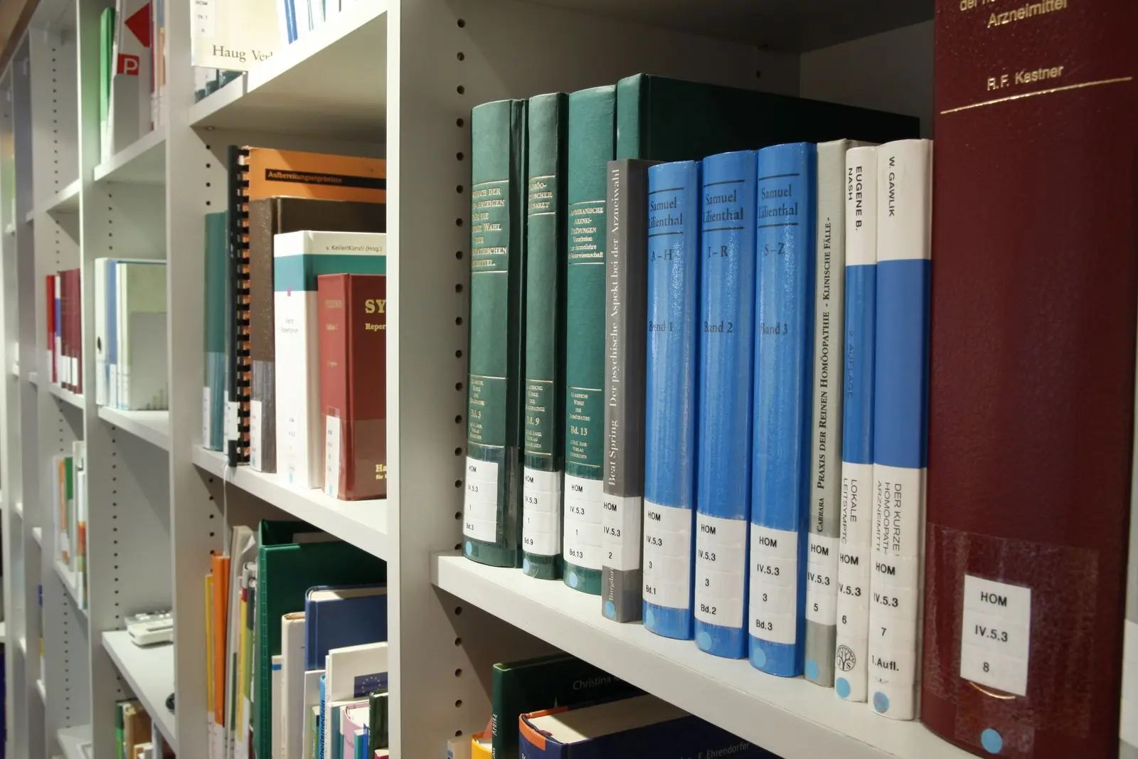 Rows of bound volumes on library shelves