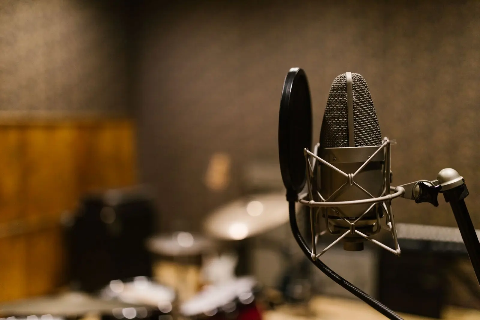 A studio condenser microphone with a pop filter