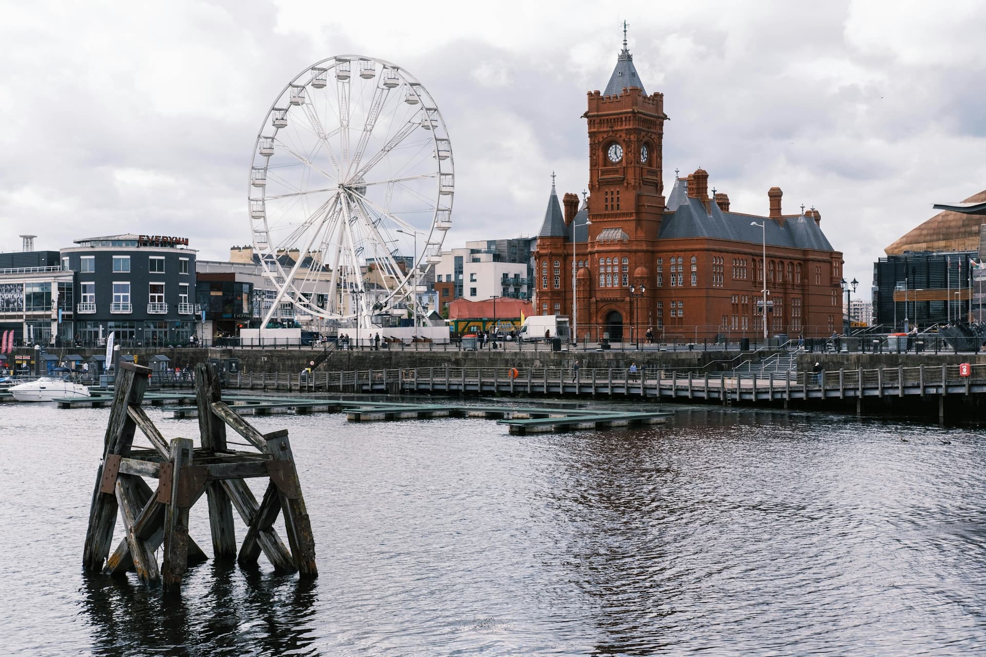 The Pierhead building and wheel at Cardiff Bay.