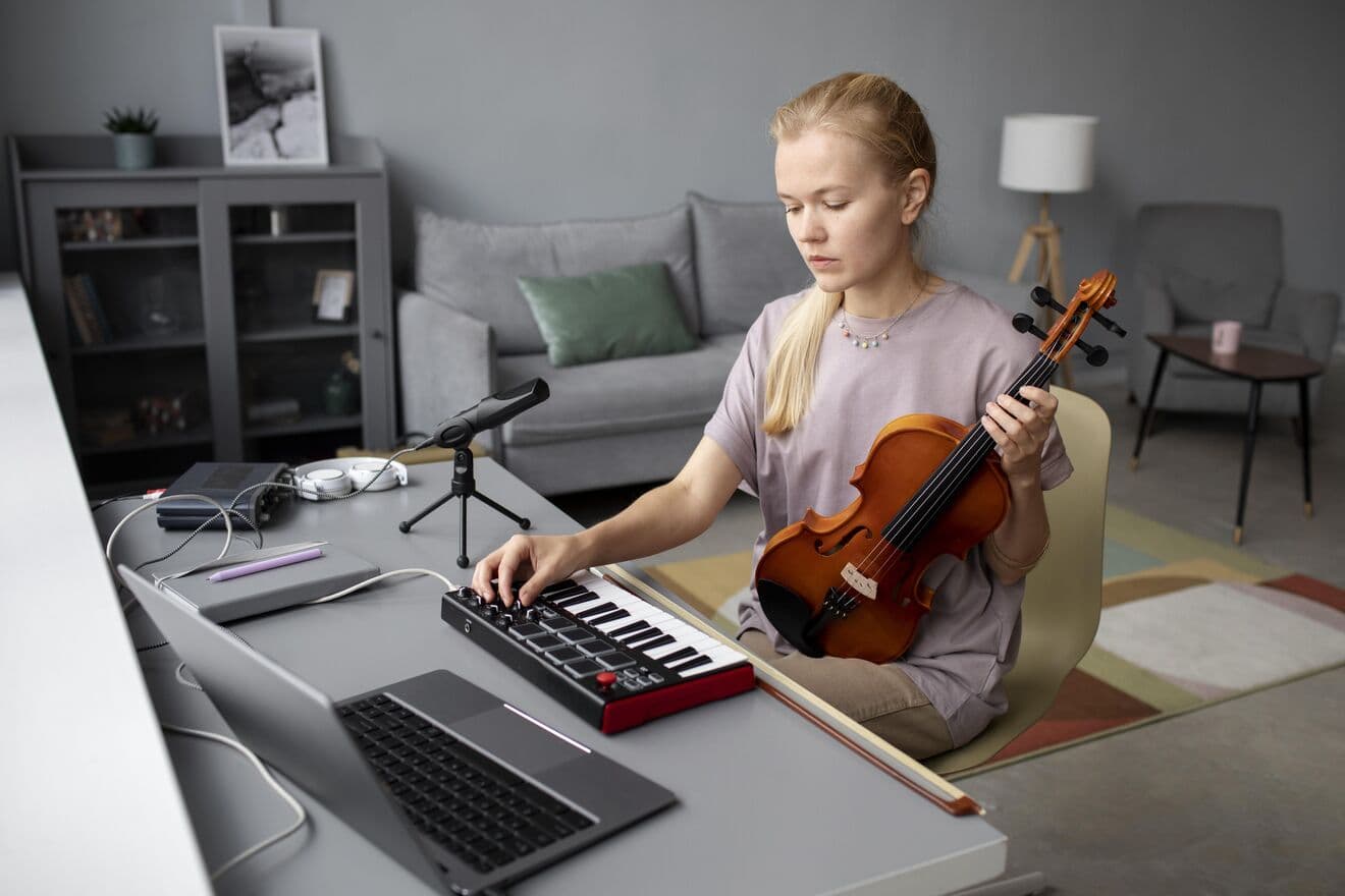 A woman making music at home.