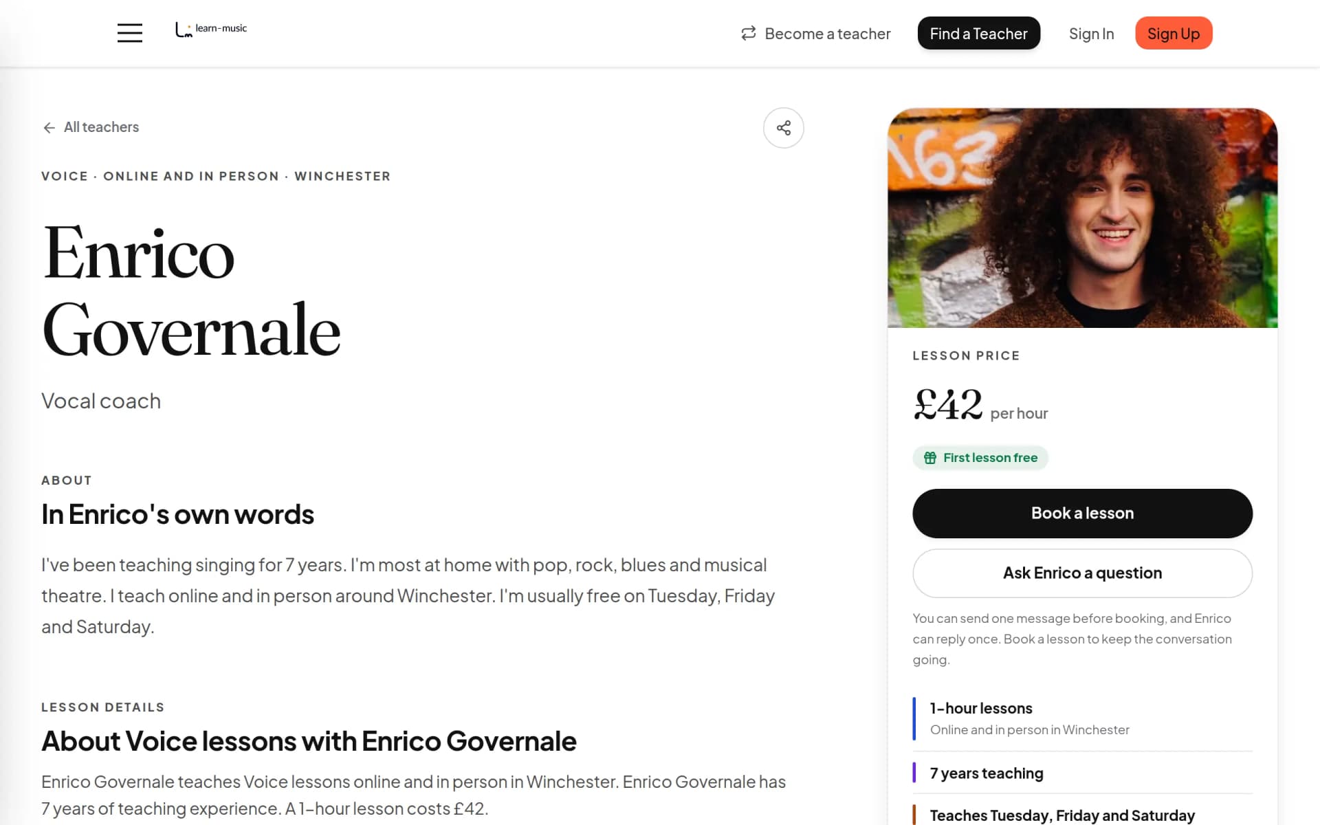 Enrico Governale's LearnMusic profile on a laptop: his photo, Vocal coach, voice lessons online and in person in Winchester, £42 an hour.