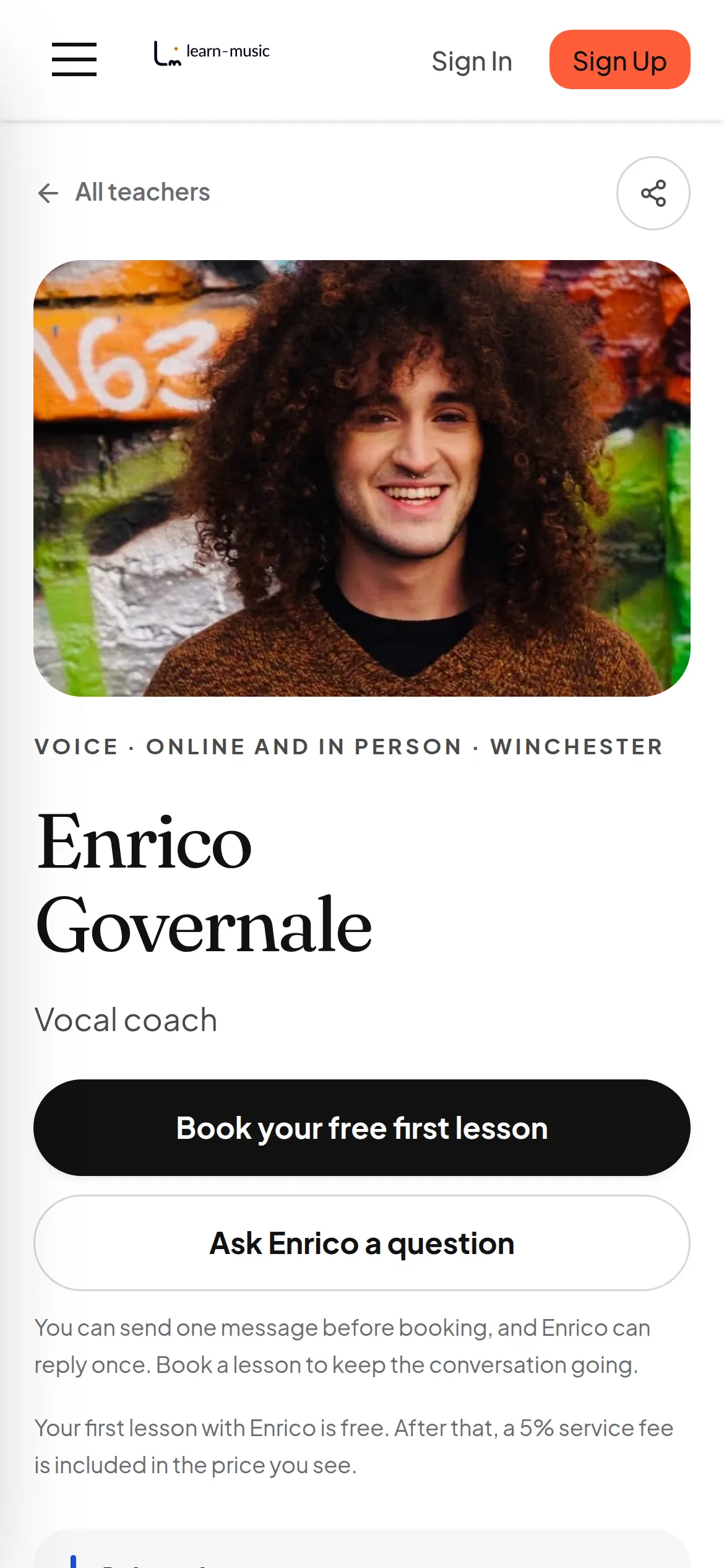 The same profile on a phone: his photo, his name, Vocal coach and a Book your free first lesson button.