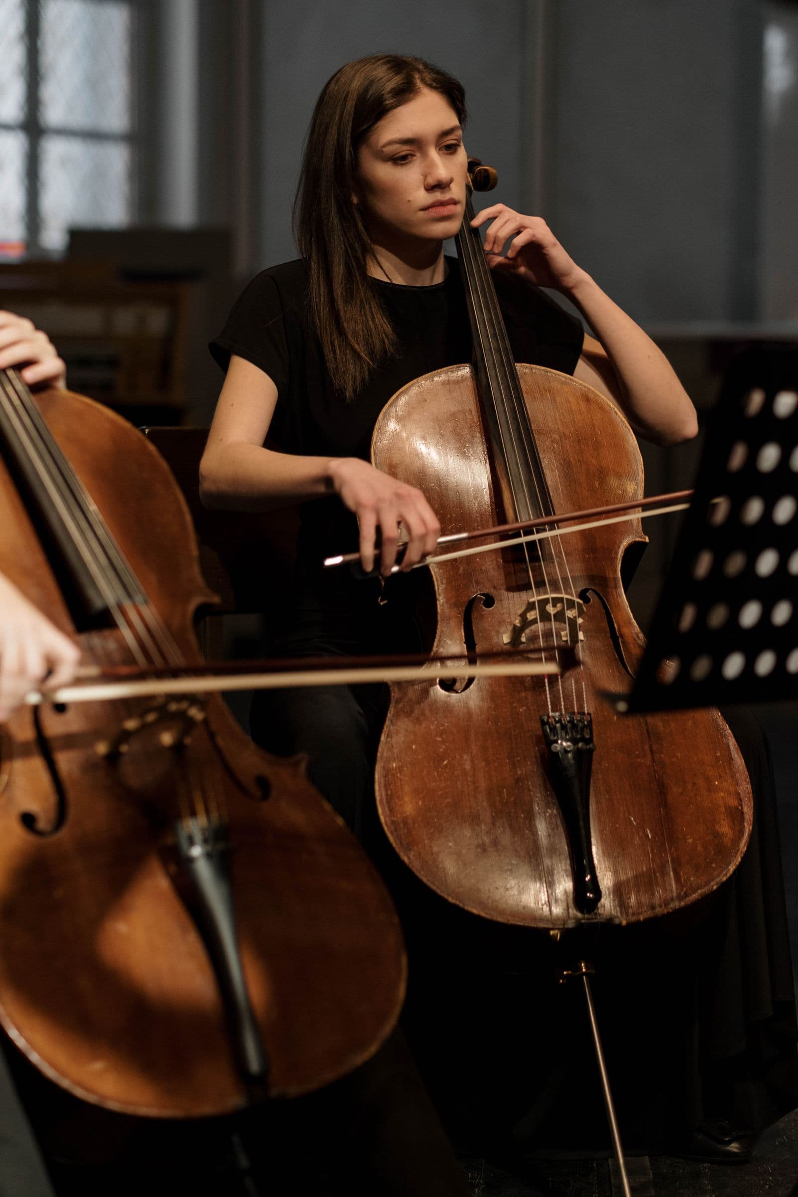 A cellist playing in an ensemble by a tall window.