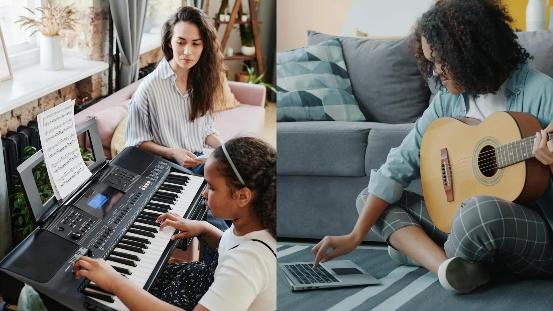 A music lesson scene beside a home practice setup.
