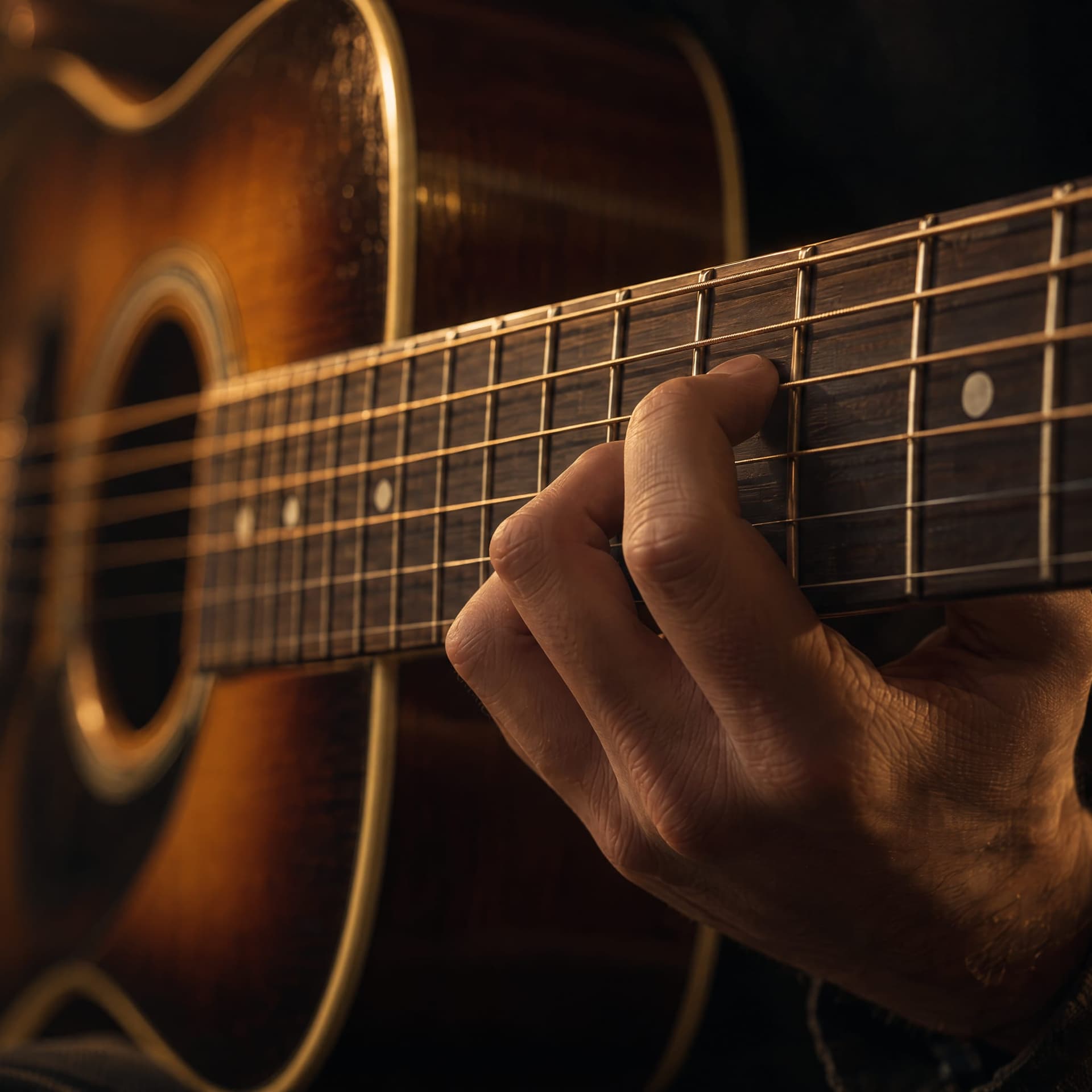 A hand fretting a chord on a sunburst acoustic guitar in warm light.