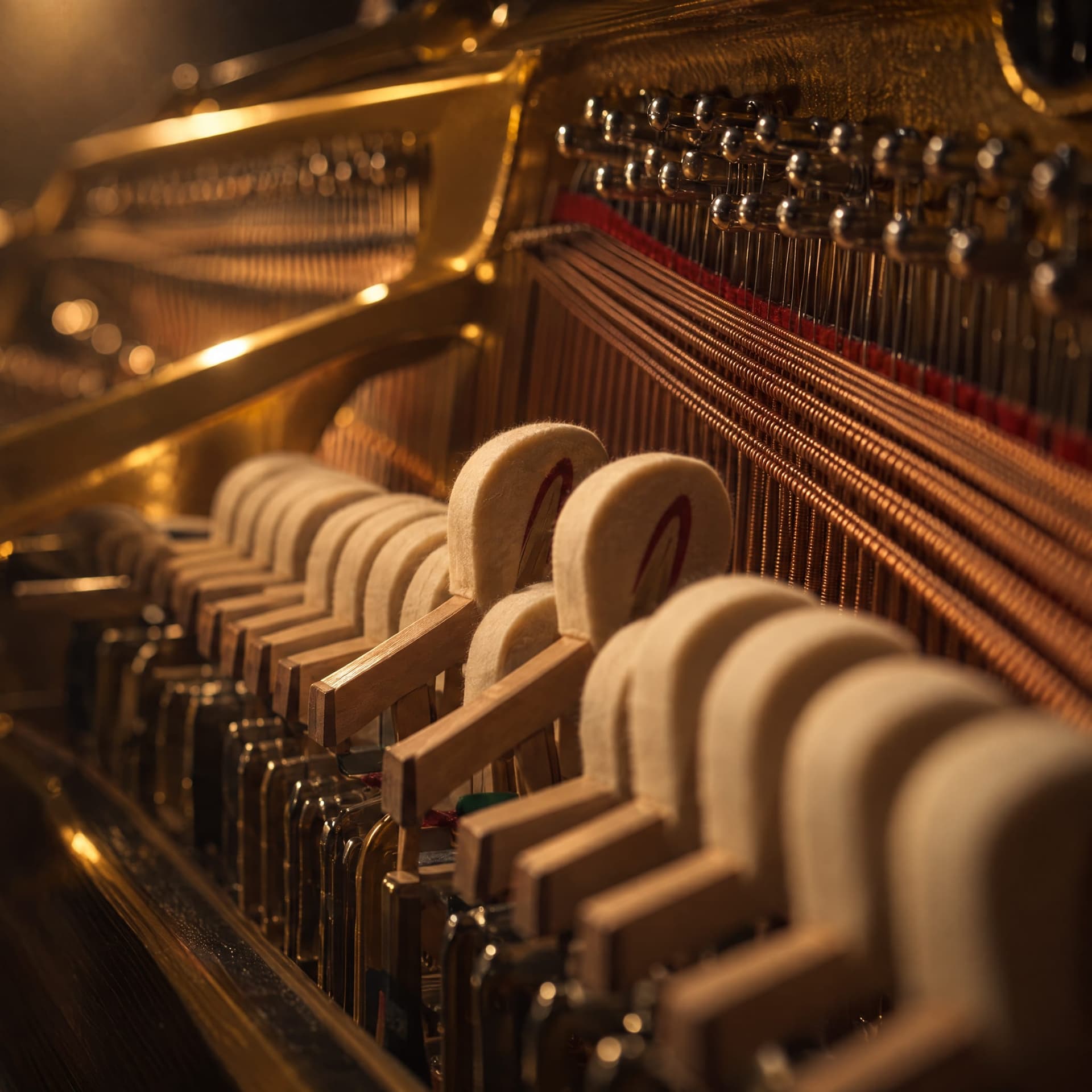 Felt hammers rising to strike the strings inside a piano, lit warm gold.