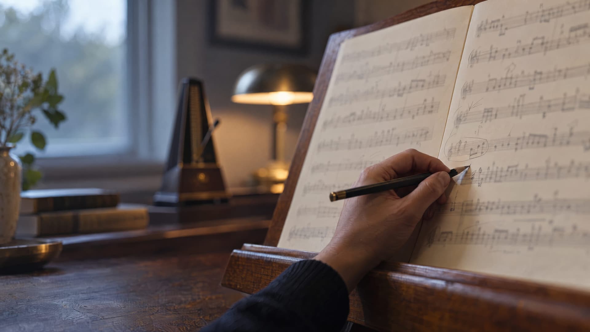 A hand marking bars in pencil on sheet music at a music stand, a metronome behind.
