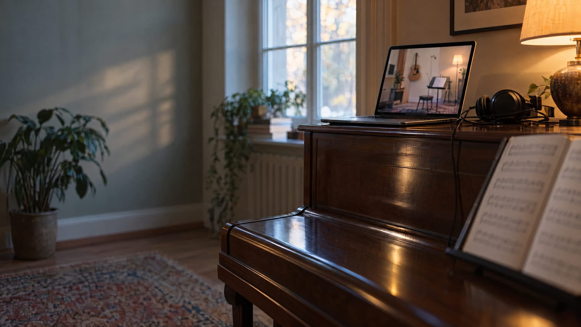A laptop on a closed piano, its screen showing a practice room set up for an online lesson.
