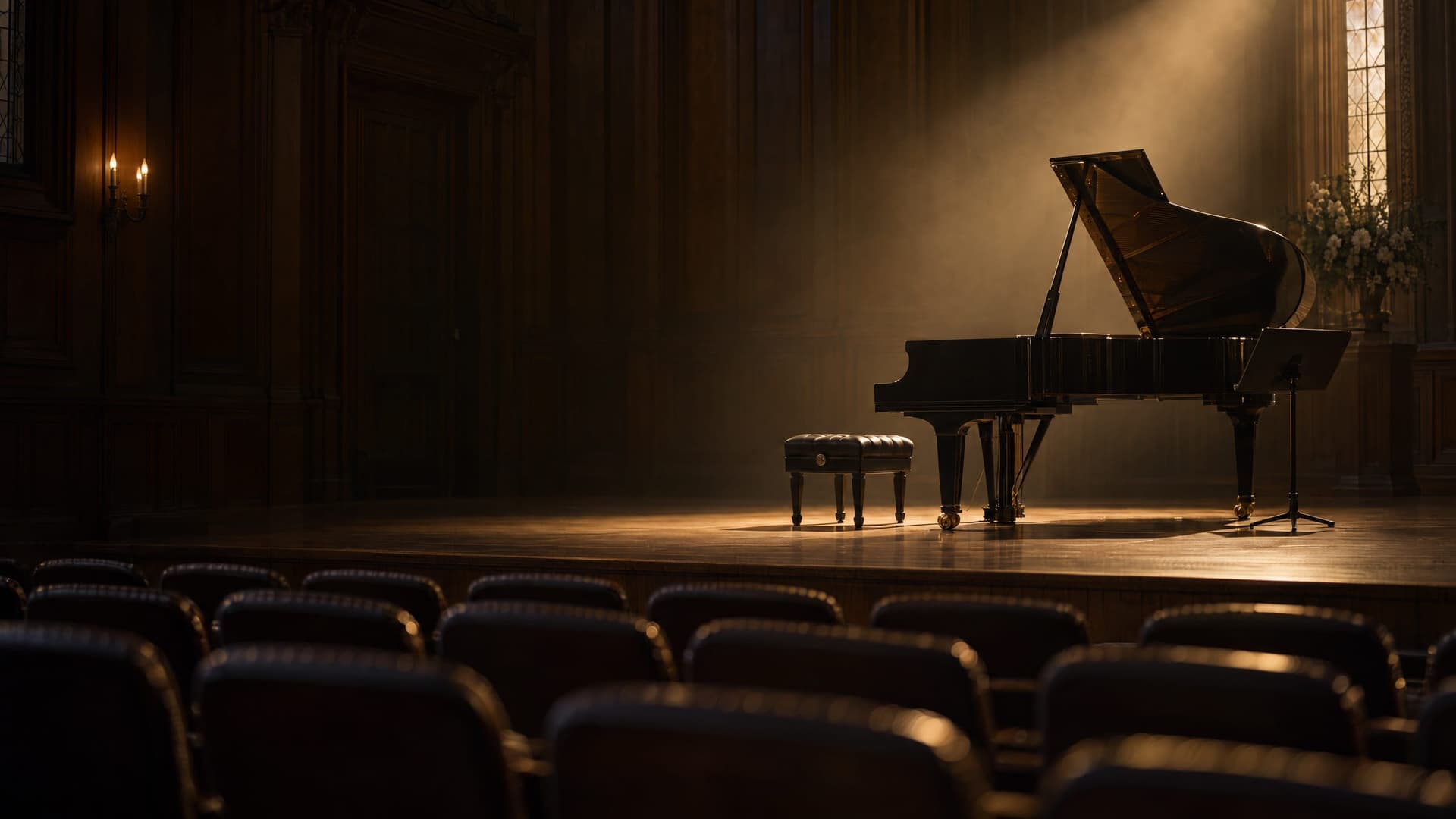 An empty wood-panelled recital hall, a grand piano waiting under a single spotlight.
